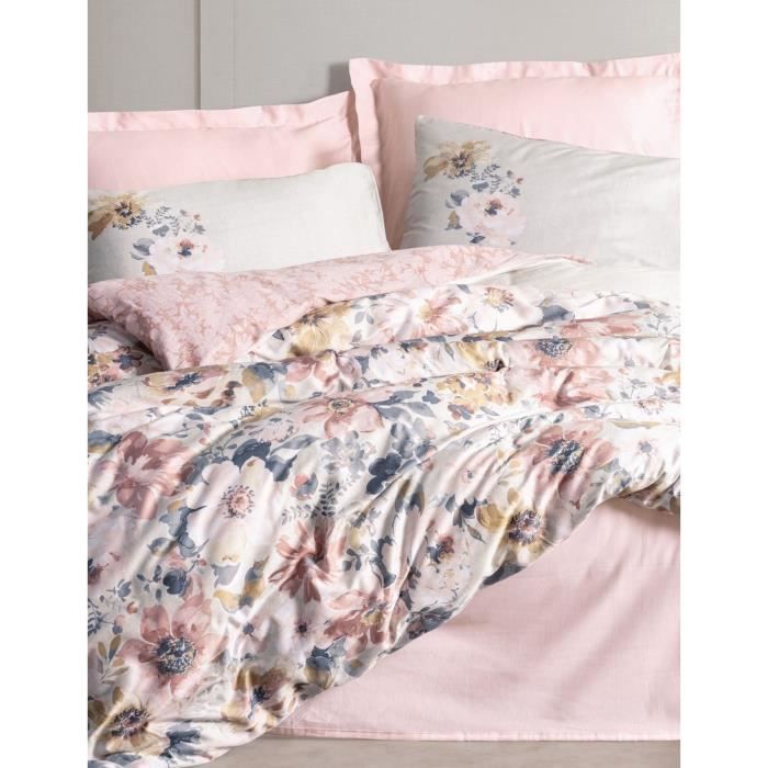 Parure de lit - 1 housse de couette 220 x 240 cm + 2 taies d'oreiller 60 x 60 cm - Satiné 100% coton - Poudre