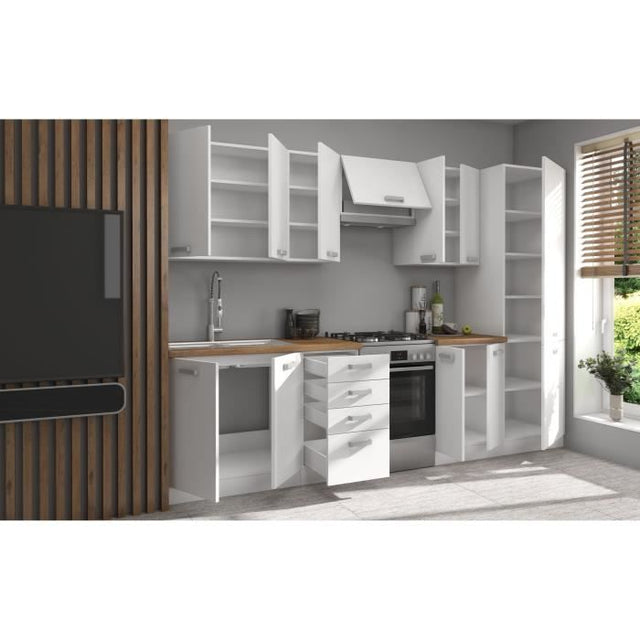 ATLAS Cuisine complete 8 éléments -  Décor blanc - L300 x H52 x H82 cm - Plan de travail non inclus