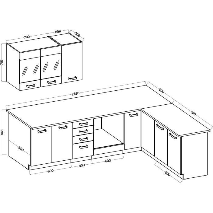 ATLAS Cuisine complete d'angle 8 éléments (reversible droit / gauche) - Décor blanc - L270 cm - Plan de travail non inclus