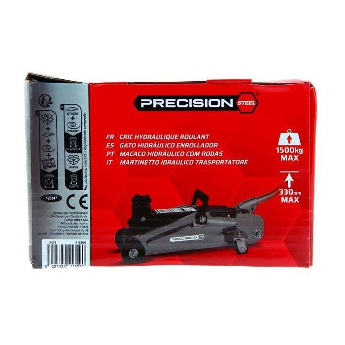 Cric hydraulique rouleur 1,5T - PRECISION STEEL - Levage de 135 mm a  330 mm