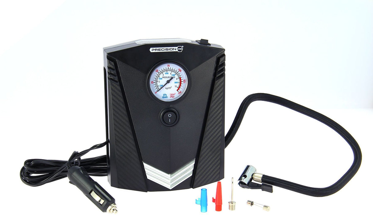 Mini compresseur 12V - PRECISION STEEL - 8 Bars - Embouts Presta - Schrader - Aiguille - Longueur 3m - 100 W - Torche LED
