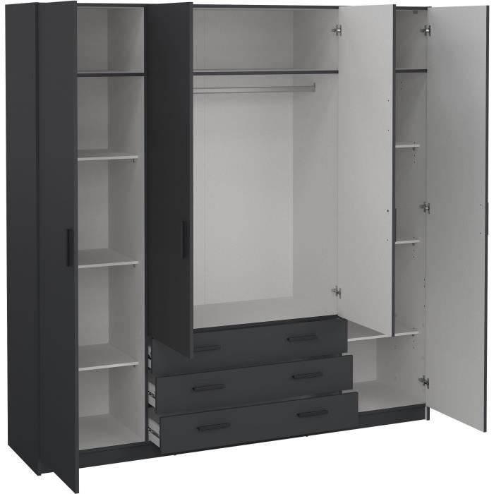Armoire VEGA - Décor Gris anthracite - 4 portes + 3 tiroirs - L 195,5 x P 49,6 x H 200,4 cm