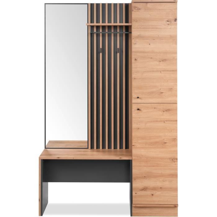 Vestiaire d'entrée avec miroir, banc et porte - Décor Chene artisan et gris anthracite - L122 x P37 x H190cm - Style industriel