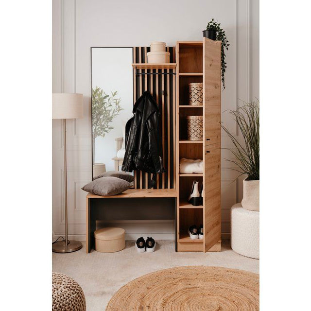 Vestiaire d'entrée avec miroir, banc et porte - Décor Chene artisan et gris anthracite - L122 x P37 x H190cm - Style industriel
