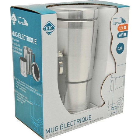 Mug électrique 12V- HTC EQUIPEMENTS- 0.5 Litre total, dont 0,2L pour le gobelet-Avec base antidérapante-Garde vos boissons au chaud!