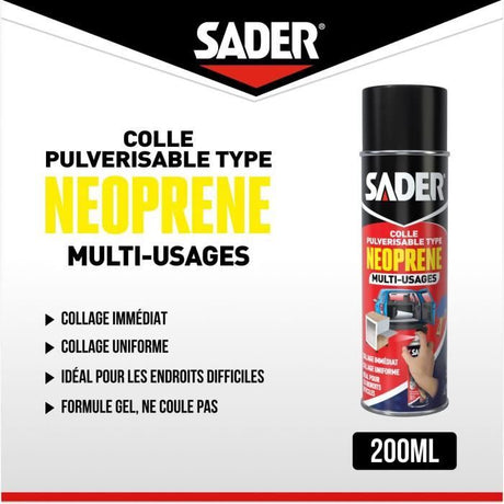 Colle aérosol néoprene multi-usages - SADER - Extra forte - Tous matériaux - Prise immédiate - Bombe 200 ml