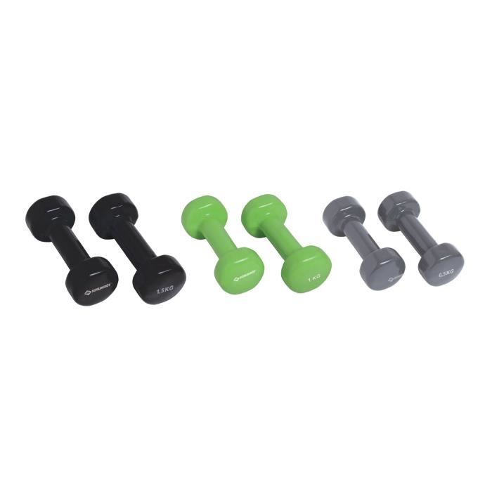 Set d'halteres - SCHILDKROT - 2 x 0,5kg anthracite - 2 x 1,0kg vert citron - 2 x 1,5kg noir - fonte + vinyle - Valise avec poignée