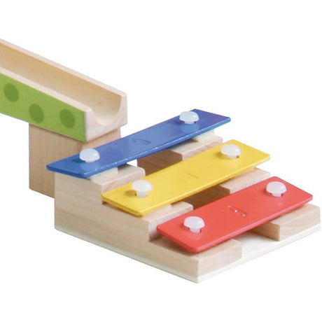 Circuit a billes en bois - ROBA - 20 billes en verre - 80 briques de construction - Naturel / Rouge / Bleu / Vert