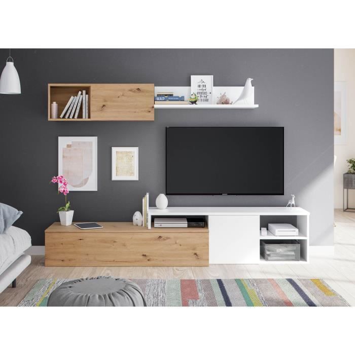 Ensemble meuble TV réversible JULIA - Mélaminé blanc et chene - 2 Portes battantes - L220 x P40  x H 44 cm
