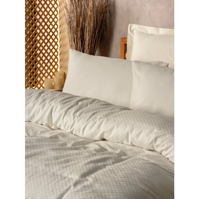 Parure de lit - 1 housse de couette 140 x 200cm + 1 taies d'oreiller 60 x 60 cm - 100% coton renforcé - Imprimé carreaux Creme