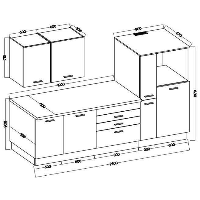Cuisine complete AYA - Décor noir - L 280 x P 60 x H 214 cm - Plan de travail inclus