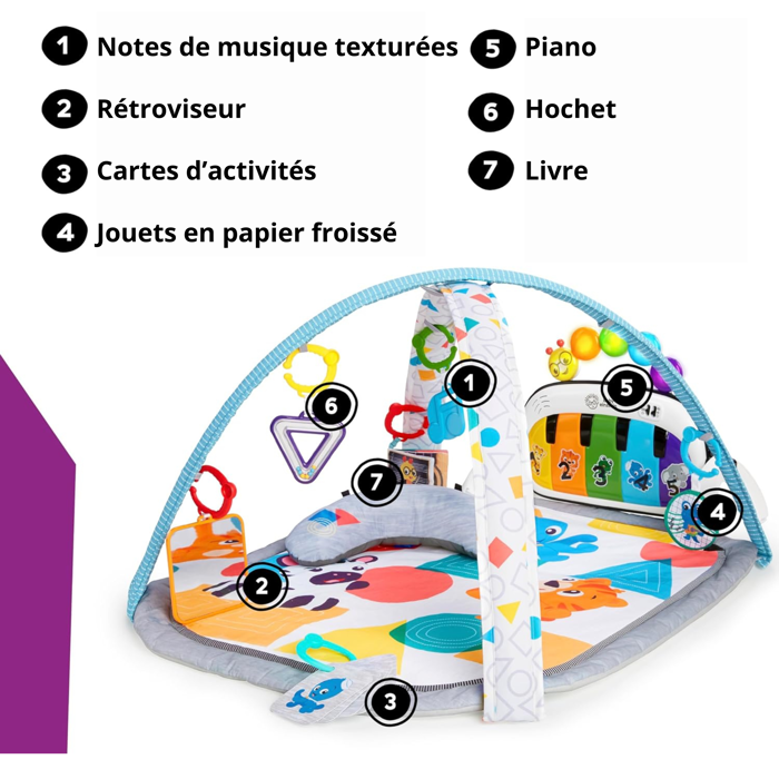BABY EINSTEIN  Kickin' Tunes Tapis de sol éveil bébé évolutif, 4-en-1, jouet piano amovible, arche, cadeau bébé, multilingue