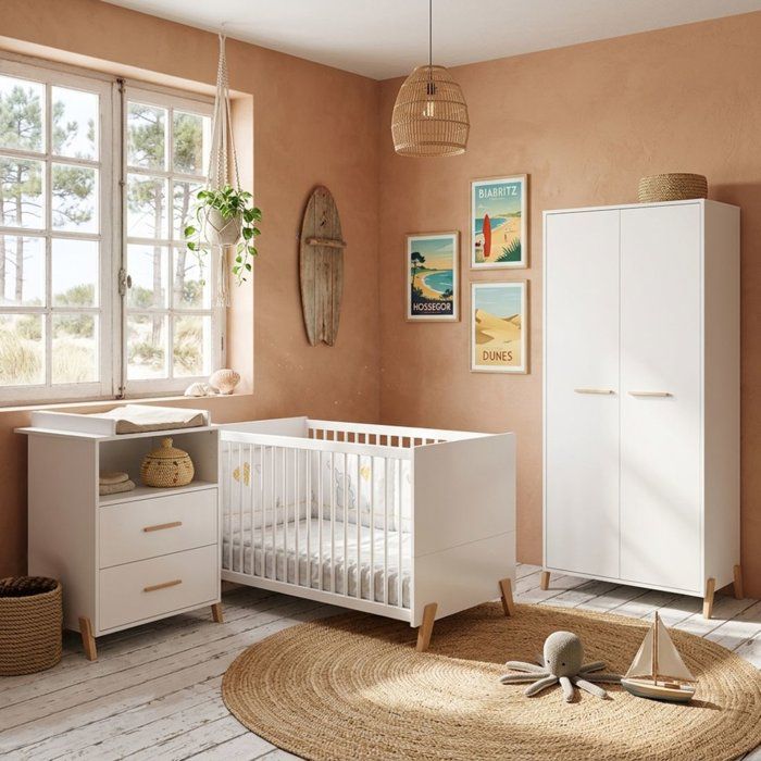 Lit évolutif - 140x70cm - Babyprice Joy Naturel - Blanc sur pieds en bois naturel