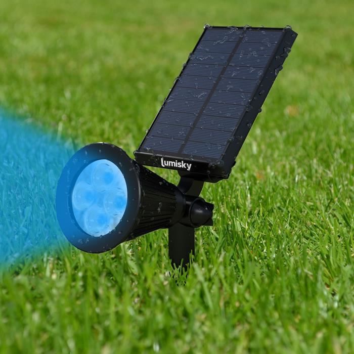 Pack de 2 Spots solaires extérieur étanches - LUMISKY - 4 LEDs colorées RGB - 200 Lumens - Tete pivotante a 90°C
