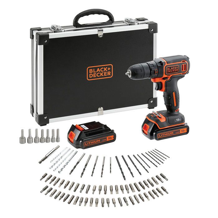 Kit perceuse visseuse sans fil - 18V - BLACK+DECKER - BDCDC18BAFC-QW - 2 batteries - chargeur - coffret + 80 accessoires