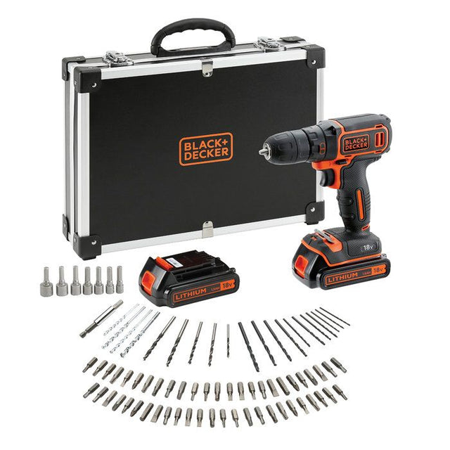 Kit perceuse visseuse sans fil - 18V - BLACK+DECKER - BDCDC18BAFC-QW - 2 batteries - chargeur - coffret + 80 accessoires