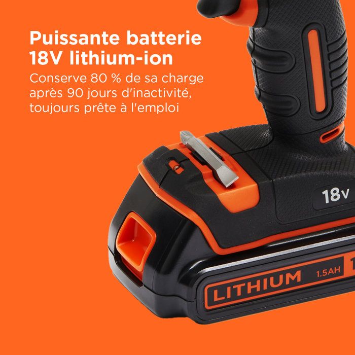Kit perceuse visseuse sans fil - 18V - BLACK+DECKER - BDCDC18BAFC-QW - 2 batteries - chargeur - coffret + 80 accessoires