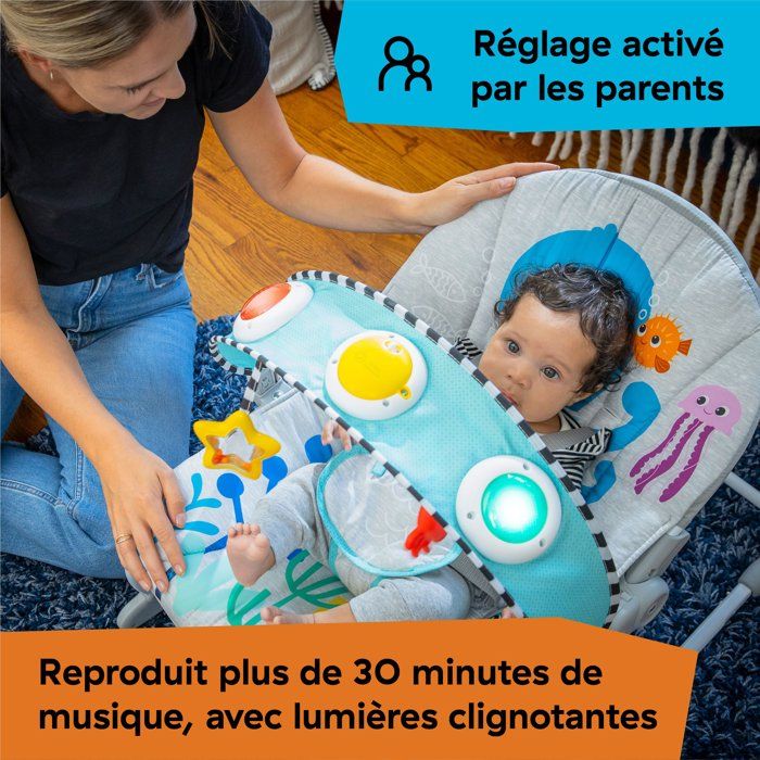 BABY EINSTEIN Transat bébé évolutif Octopus jusqu'a 18kg-cadeau bébé, Position fixe ou a bascule, Musique et Lumiere