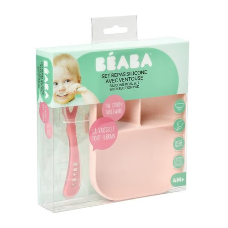 BEABA, Set Repas Bébé, Avec Ventouse, Anti dérapant, Assiette Silicone Compartimentée + Cuillere, Sain et Durable, Rose