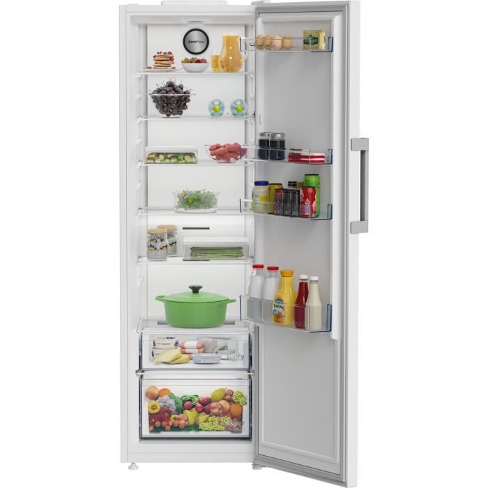 Réfrigérateur monoporte - BEKO - B1RMLNE444W - 365 L - Ventilé - Clayette porte bouteille - Classe E - 186,5x 59,7x 70,9 - Blanc