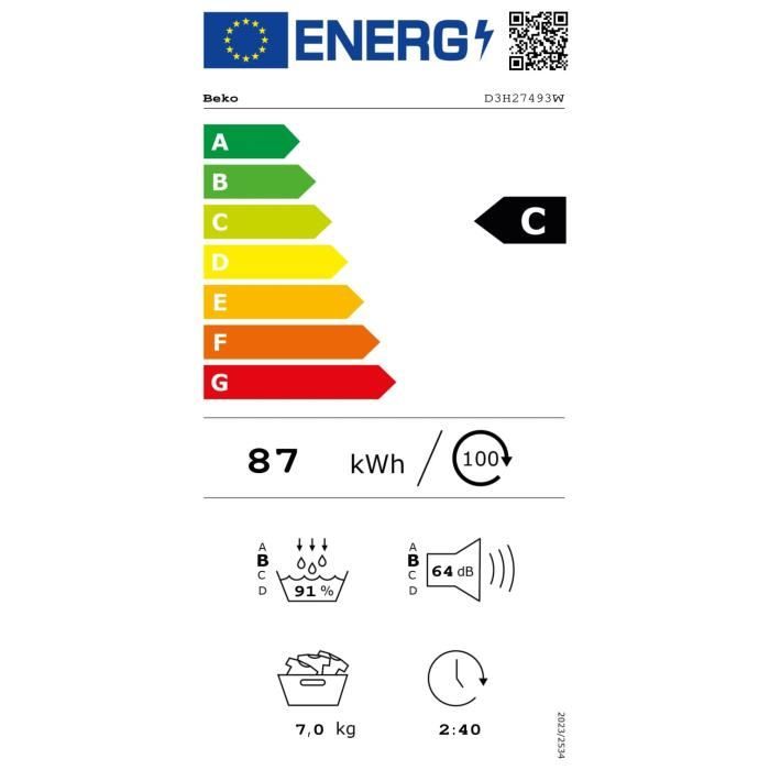 Seche-linge pompe a chaleur BEKO b300 D3H27493W - 7 kg - Induction - L60cm - Capteur d'humidité - Blanc