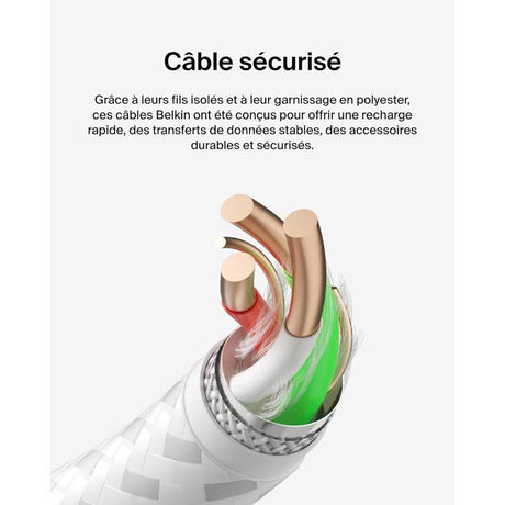 Câble tressé - BELKIN - USB-C vers USB-A - 0,15 m - Blanc