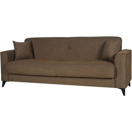 Canapé convertible 3 places - BERGAMO - Tissu marron - 2 coussins - coffre de rangement -  230 x 85 x 89 cm