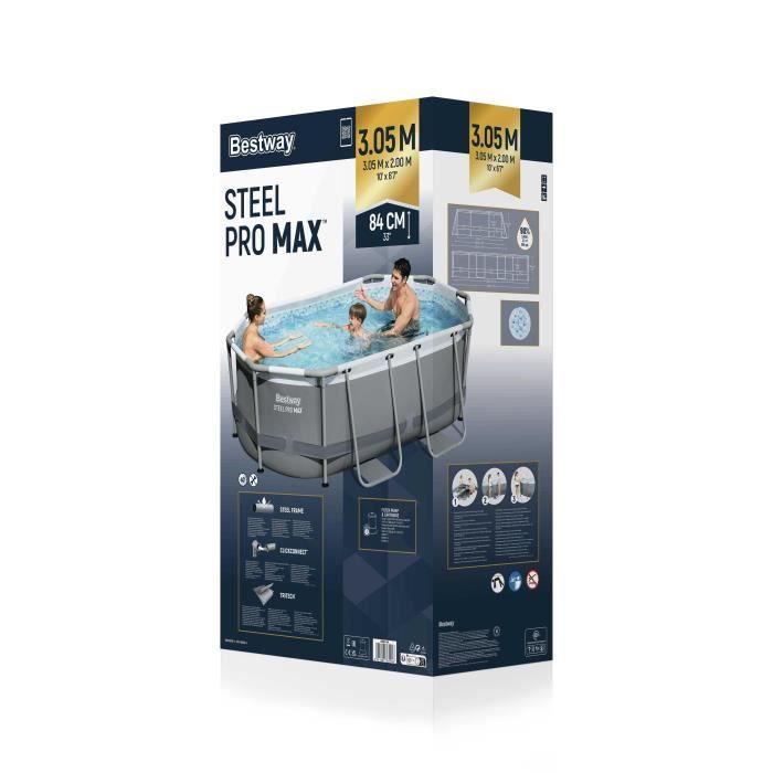 Kit Piscine hors sol tubulaire BESTWAY - Steel Pro MAX - 305 x 200 x 84 cm - Ovale (Livrée avev filtre a cartouche et 1 cartouche)