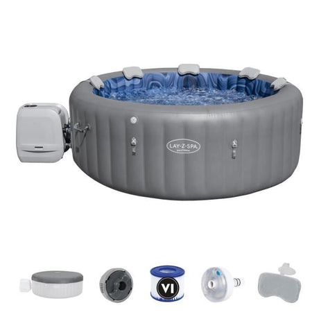 Spa gonflable BESTWAY - Lay-Z-Spa Santorini - 5 a 7 places -Rond (Livré avec 5 appuie-tete rembourrés + 2 LED a eau ColorJet)