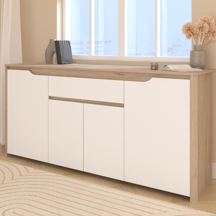 Buffet Bas BETTY - Blanc & Chene - 4 portes, 1 tiroir - 185.3 x 45.8 x 85.5 cm
