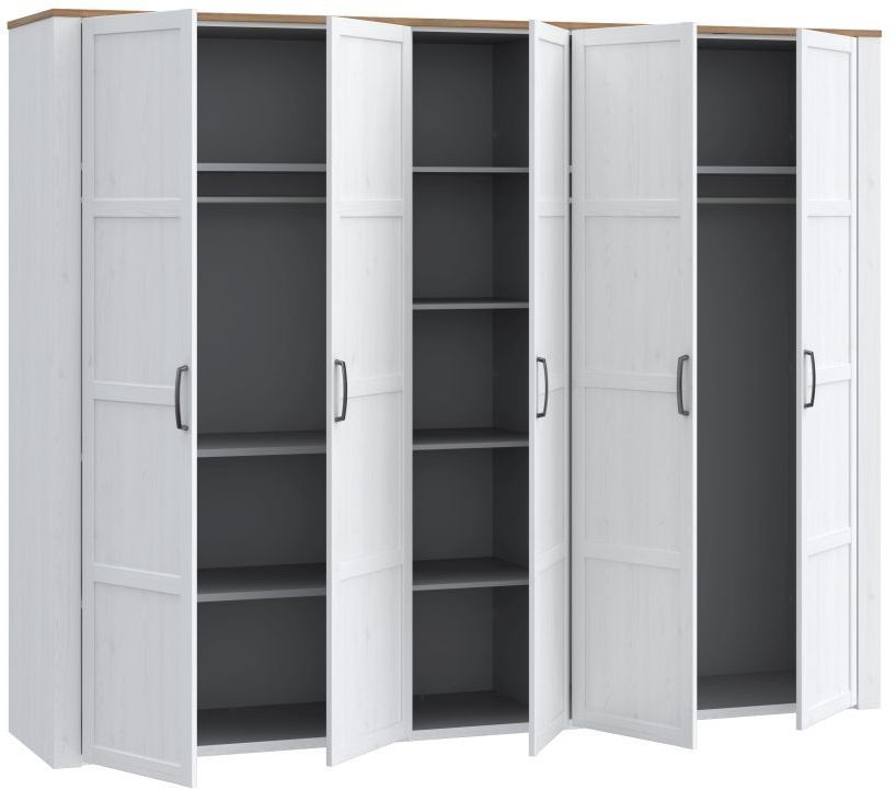 Armoire de chambre - BOHOL - Décor Chene blanchi - 5 portes battantes - L265,6 x P59,6 x H214 cm