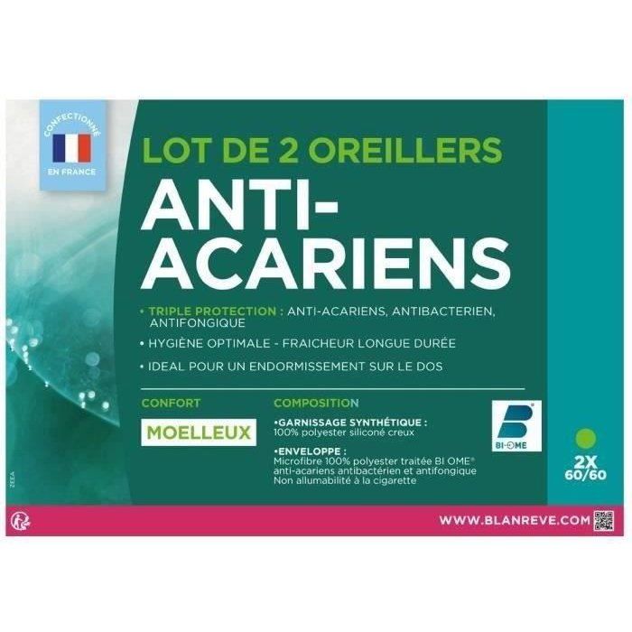 Lot de 2 Oreillers - BLANREVE - Triple Protection - 60 x 60 cm - Blanc