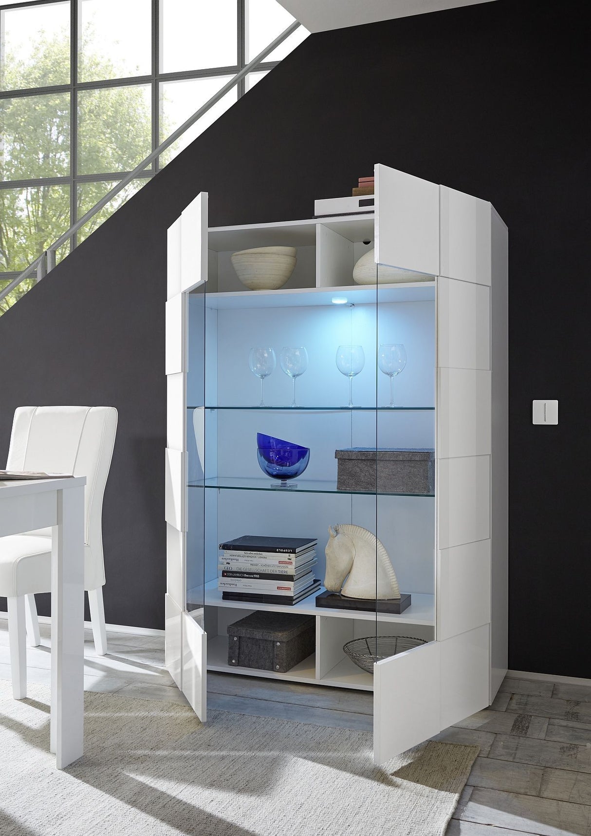 Vitrine - MILANO - Blanc Laqué Brillant - 2 Portes - 121 x 43 x 166 cm
