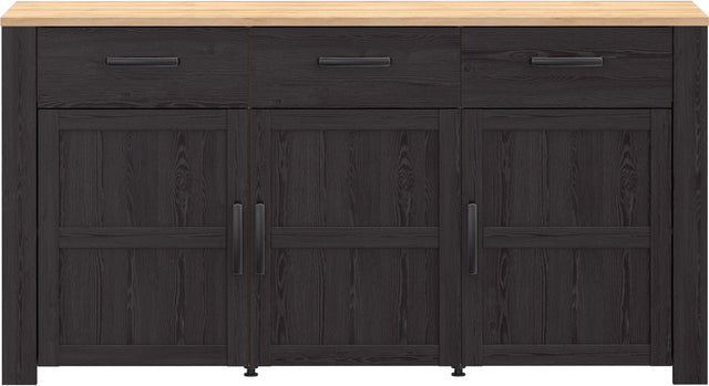 Buffet BOHOL  Noir – 3 Portes & 3 Tiroirs – L 166,1 × P 47 × H 87 cm – Chene Noir & Effet Bois