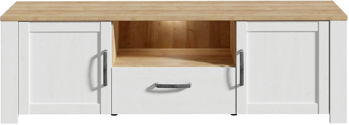 Meuble TV BOHOL Blanc – 2 Portes + 1 Tiroir + 1 Niche – L 166,1 × P 42 × H 51,8 cm
