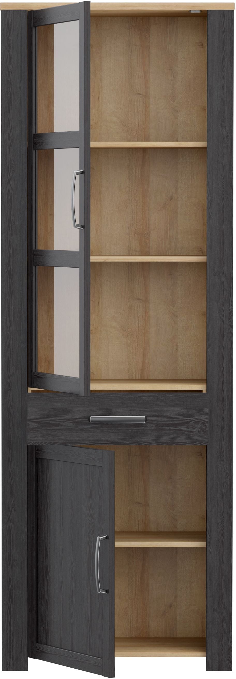 Vitrine Haute BOHOL Noire – 2 Portes dont 1 Vitrée + 1 Tiroir – L 71,7 × P 42 × H 205,4 cm