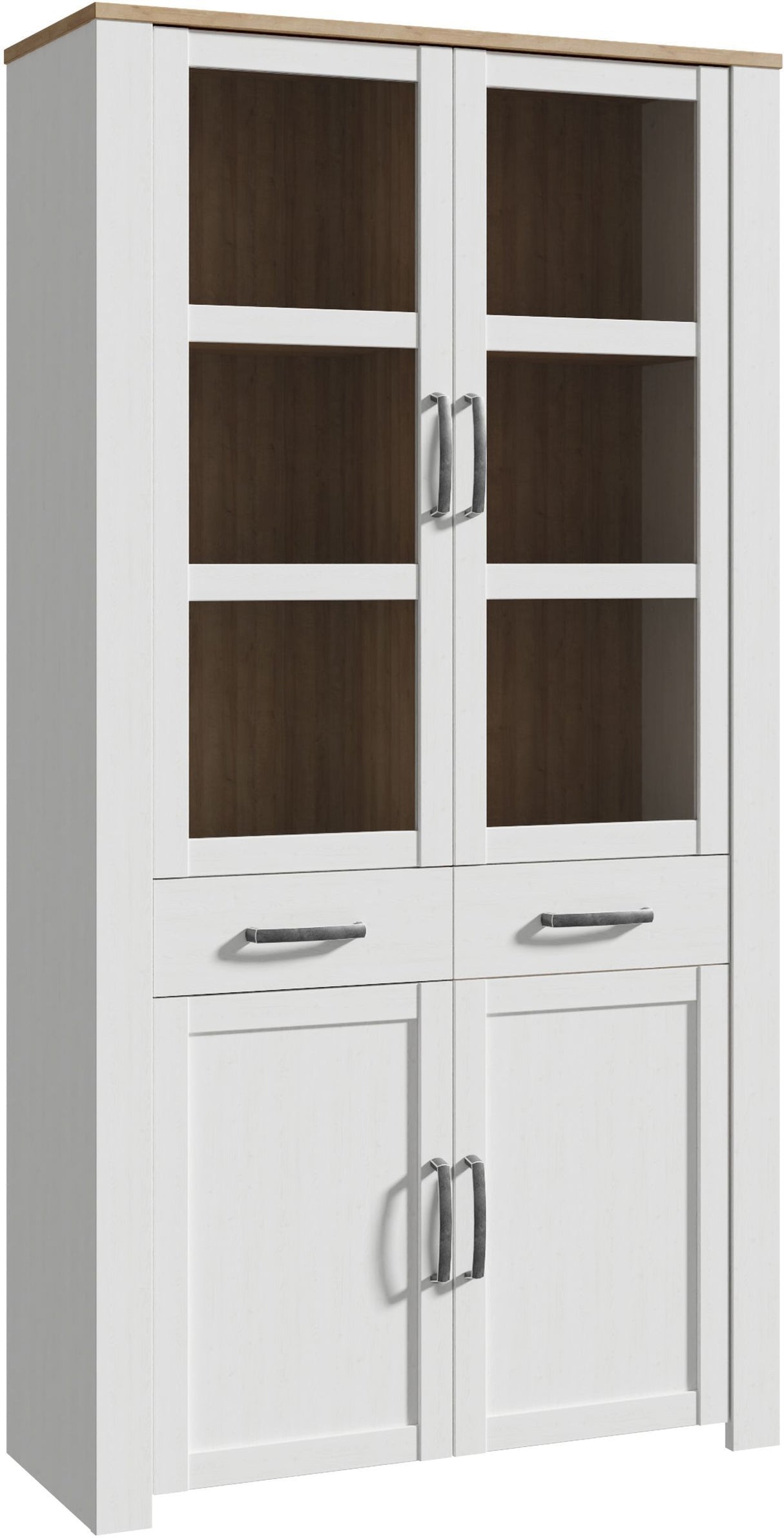 Vitrine Large BOHOL Blanche – 4 Portes dont 2 Vitrées + 2 Tiroirs – L 106,4 × P 42 × H 205,4 cm