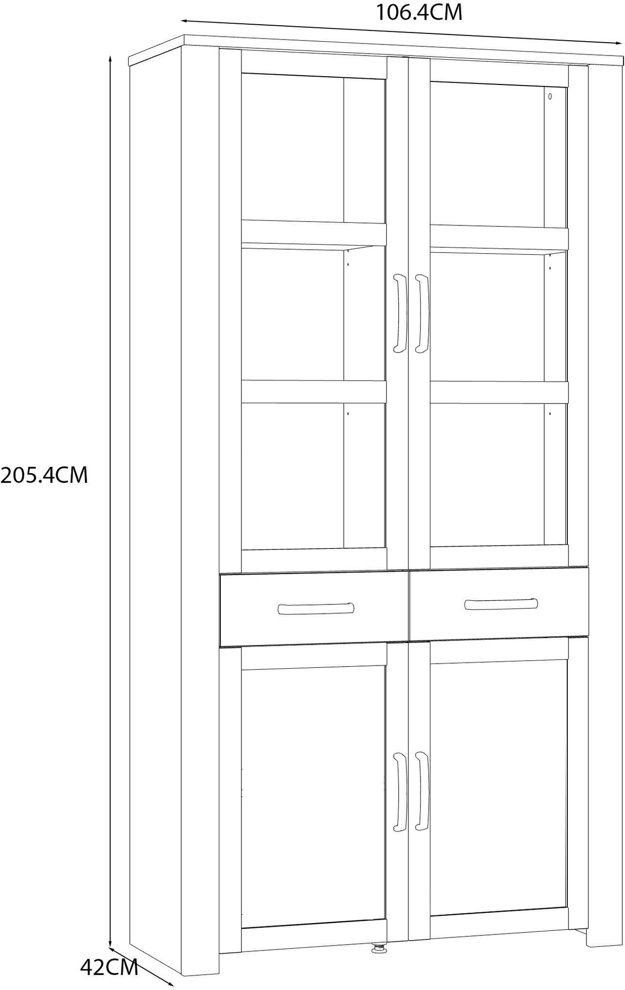Vitrine Large BOHOL Blanche – 4 Portes dont 2 Vitrées + 2 Tiroirs – L 106,4 × P 42 × H 205,4 cm