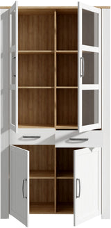 Vitrine Large BOHOL Blanche – 4 Portes dont 2 Vitrées + 2 Tiroirs – L 106,4 × P 42 × H 205,4 cm