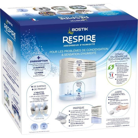 Absorbeur d'humidité - BOSTIK - Respire - Jusqu'a 25 m˛ - 2 recharges sans parfum - 2 x 250 g