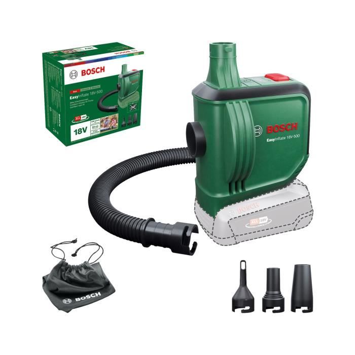 gonfleur sans fil BOSCH Easyinflate 18V-500  livré avec 3 buses a air, tuyau 50 cm, sac textile sans batterie ni chargeur 0603947200