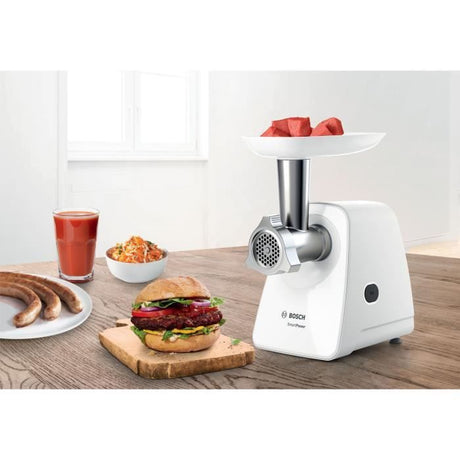 Hachoir a viande - BOSCH - MFW2514W SmartPower - Blanc - moteur bloqué 1500 W - 1,7 kg/mn - 2 grilles de hachoir - râpeur/éminceur