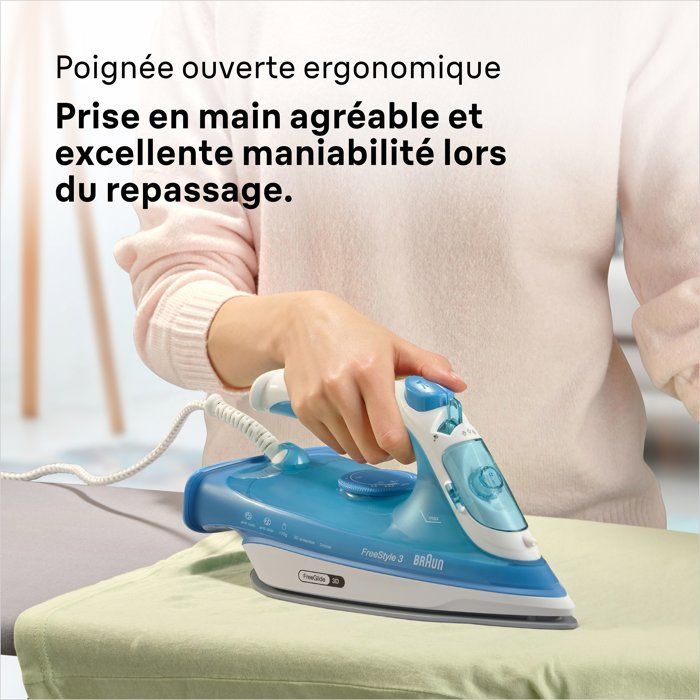 Fer a vapeur BRAUN FI3144 BL FreeStyle 3 - Semelle SuperCeramic - Puissance 2400 W - Vapeur constante 45 g/min