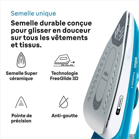 Fer a vapeur BRAUN FI3144 BL FreeStyle 3 - Semelle SuperCeramic - Puissance 2400 W - Vapeur constante 45 g/min