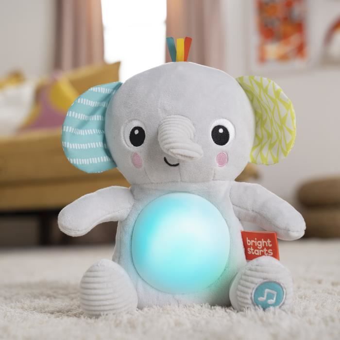 BRIGHT STARTS Jouet bébé, peluche doudou, veilleuse, éléphant Hug-a-Bye Baby, sons et lumieres, cadeau bébé