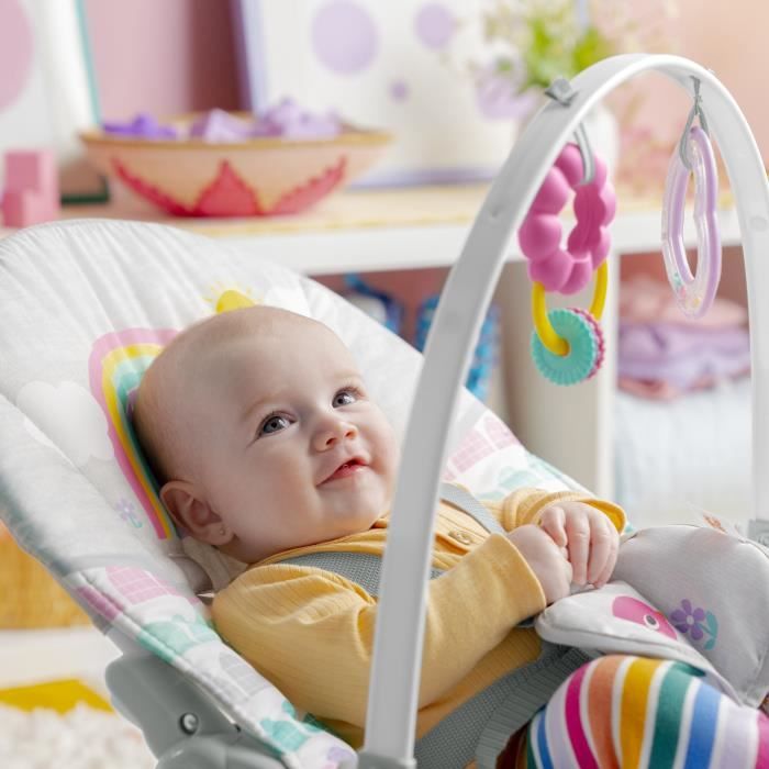 BRIGHT STARTS Transat bébé évolutif Arc-en-Ciel, rose, Vibrations apaisantes, 2 positions d'inclinaison, jusqu'a 30 mois