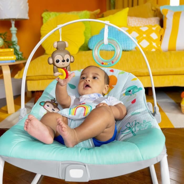 BRIGHT STARTS Transat bébé évolutif Arc-en Ciel, bleu, Vibrations apaisantes, 2 positions d'inclinaison, 0M + jusqu'a 18 kg