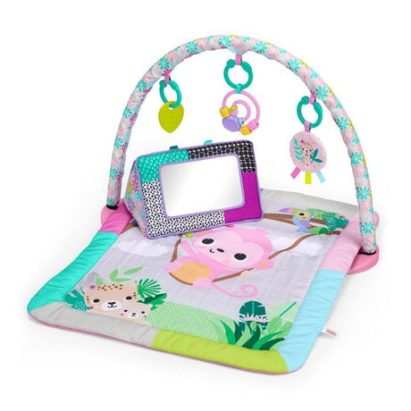 BRIGHTS STARTS Petit tapis d'éveil bébé pliable rose, arche de jeux, 5 jouets bébé, miroir, cartes, boulier et anneau de dentition