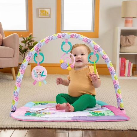 BRIGHTS STARTS Petit tapis d'éveil bébé pliable rose, arche de jeux, 5 jouets bébé, miroir, cartes, boulier et anneau de dentition