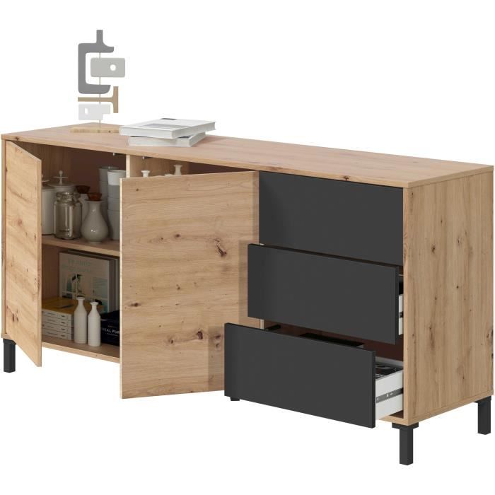 Buffet 2 portes 3 tiroirs - Panneaux de particules mélaminé - Chene et noir - BROOKLYN L 154 cm x  P 41 cm x H 74 cm